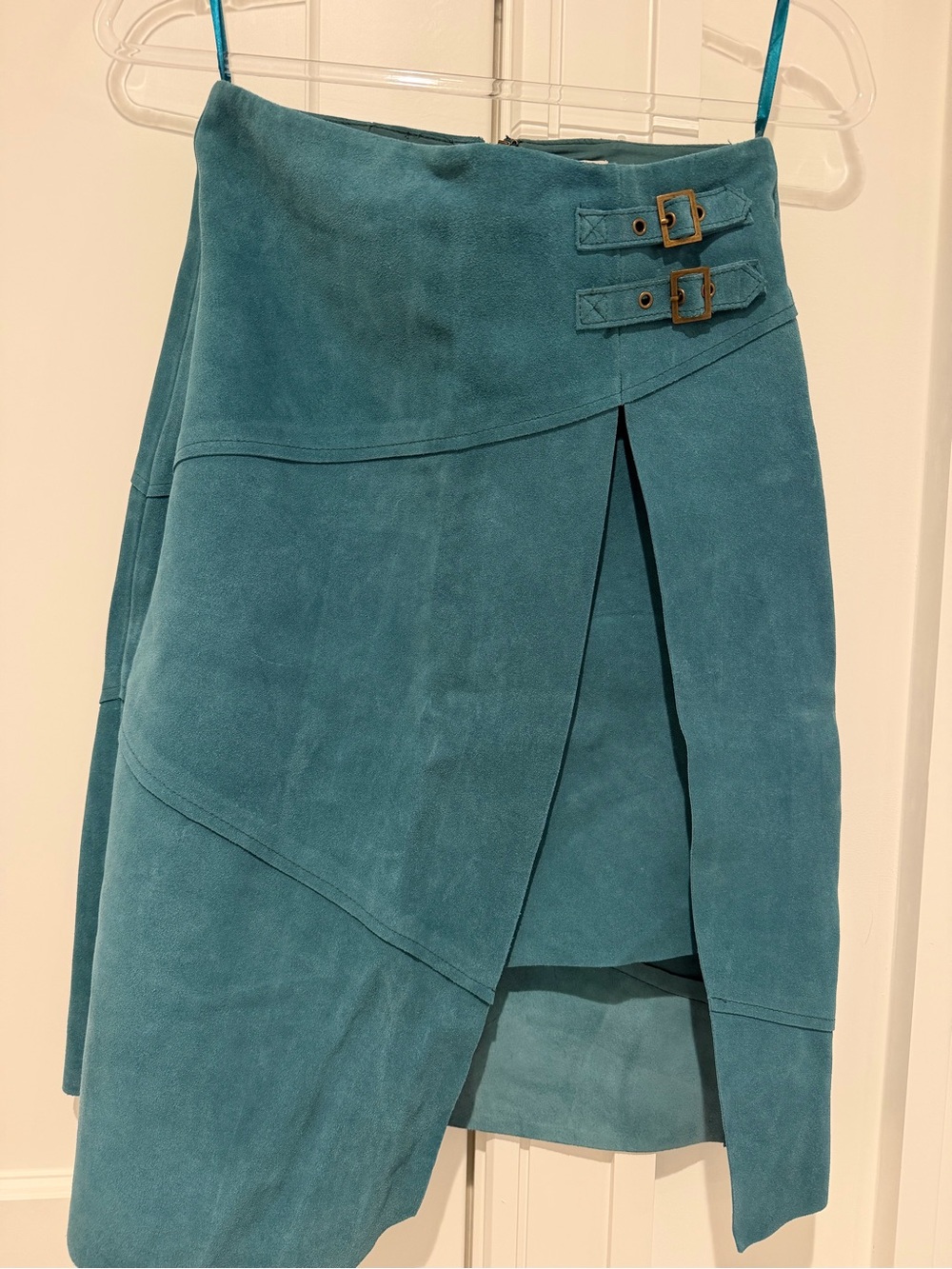 Teal Suede Wrap Skirt with Buckle Detail leifsdottir.